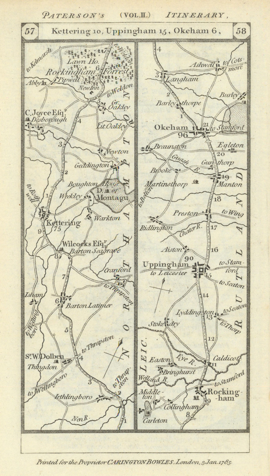 Kettering - Rockingham - Uppingham - Oakham road strip map PATERSON 1785
