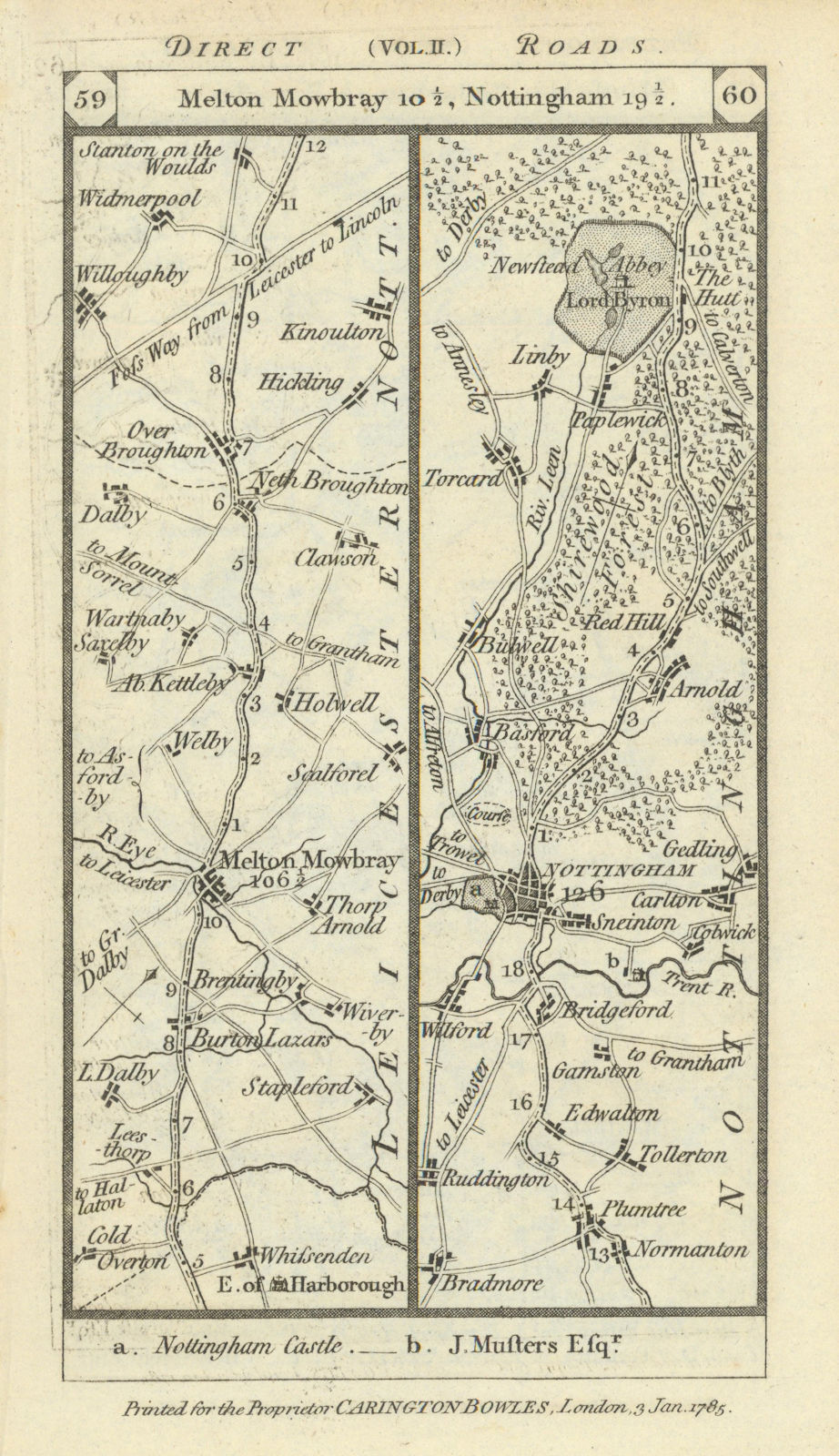 Melton Mowbray-Broughton-Nottingham-Papplewick road strip map PATERSON 1785
