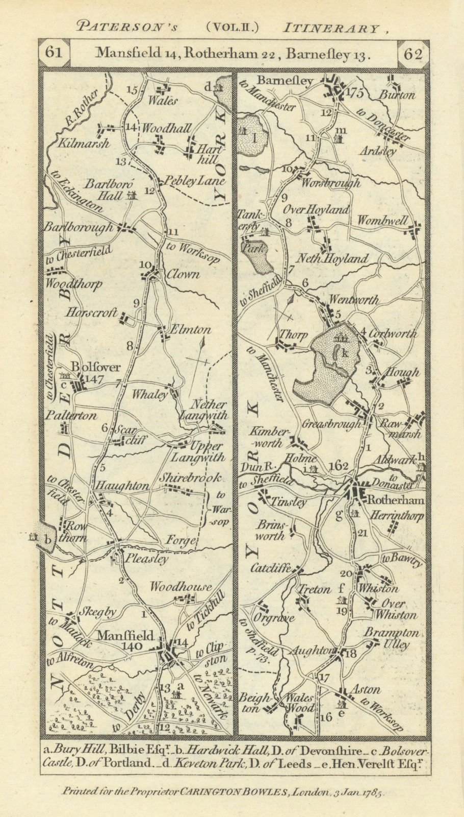 Mansfield - Bolsover - Rotherham - Barnsley road strip map PATERSON 1785