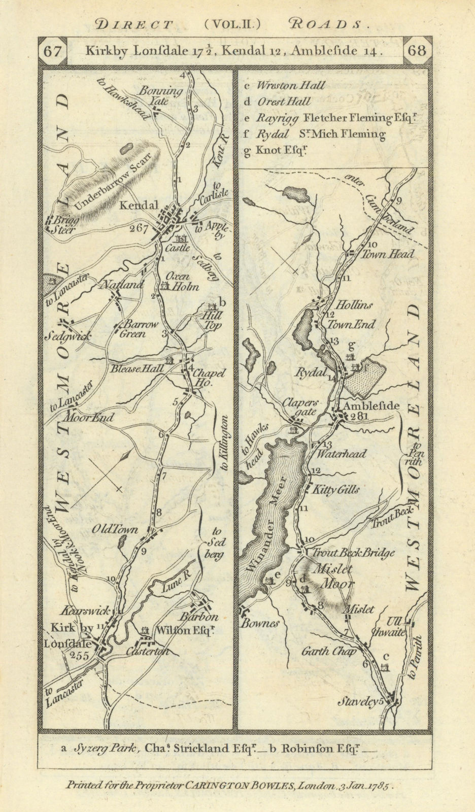 Associate Product Kirkby Lonsdale-Kendal-Windermere-Ambleside road strip map PATERSON 1785