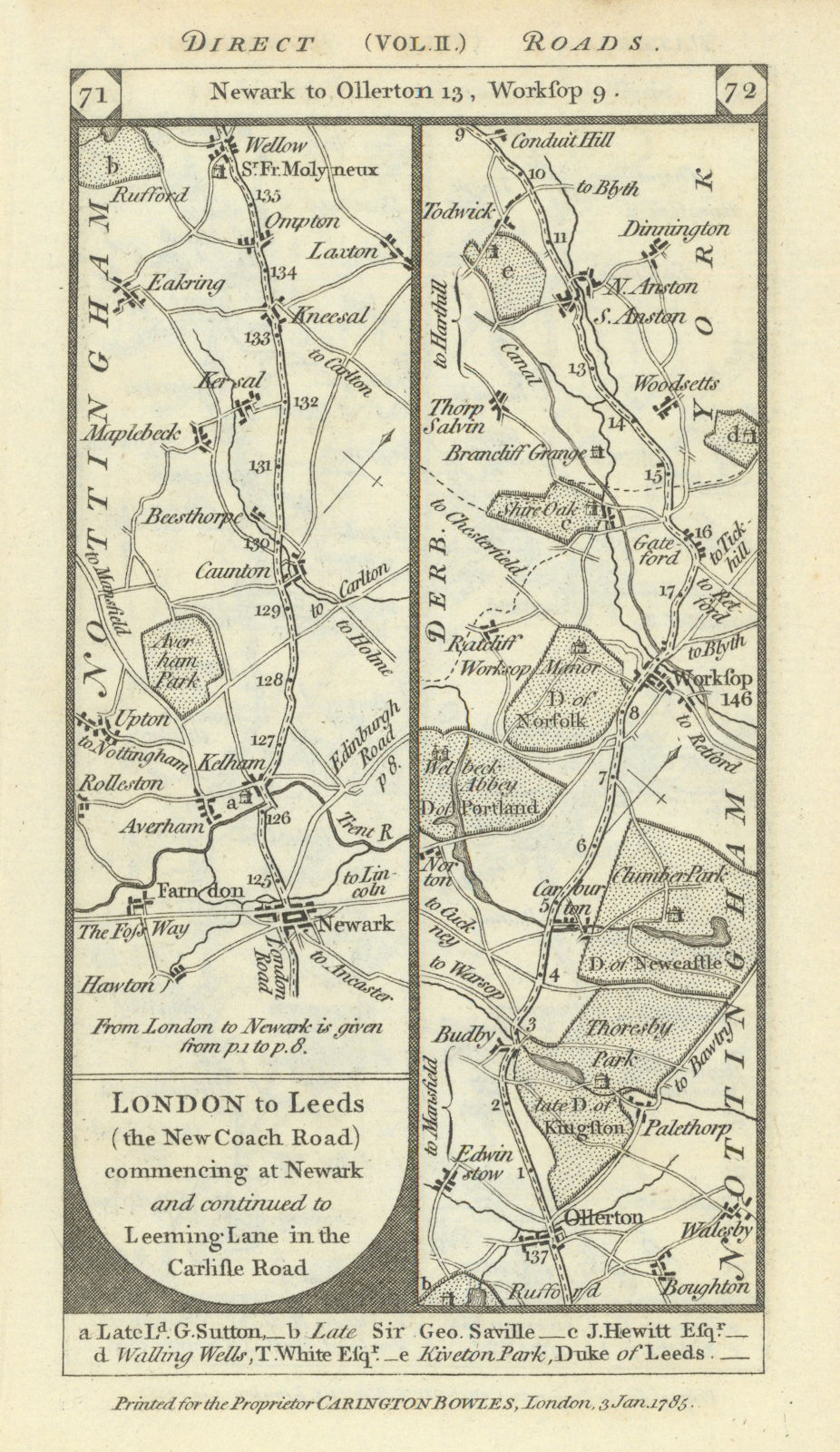 Newark-Kneesal-Ollerton-Worksop-North Anston road strip map PATERSON 1785