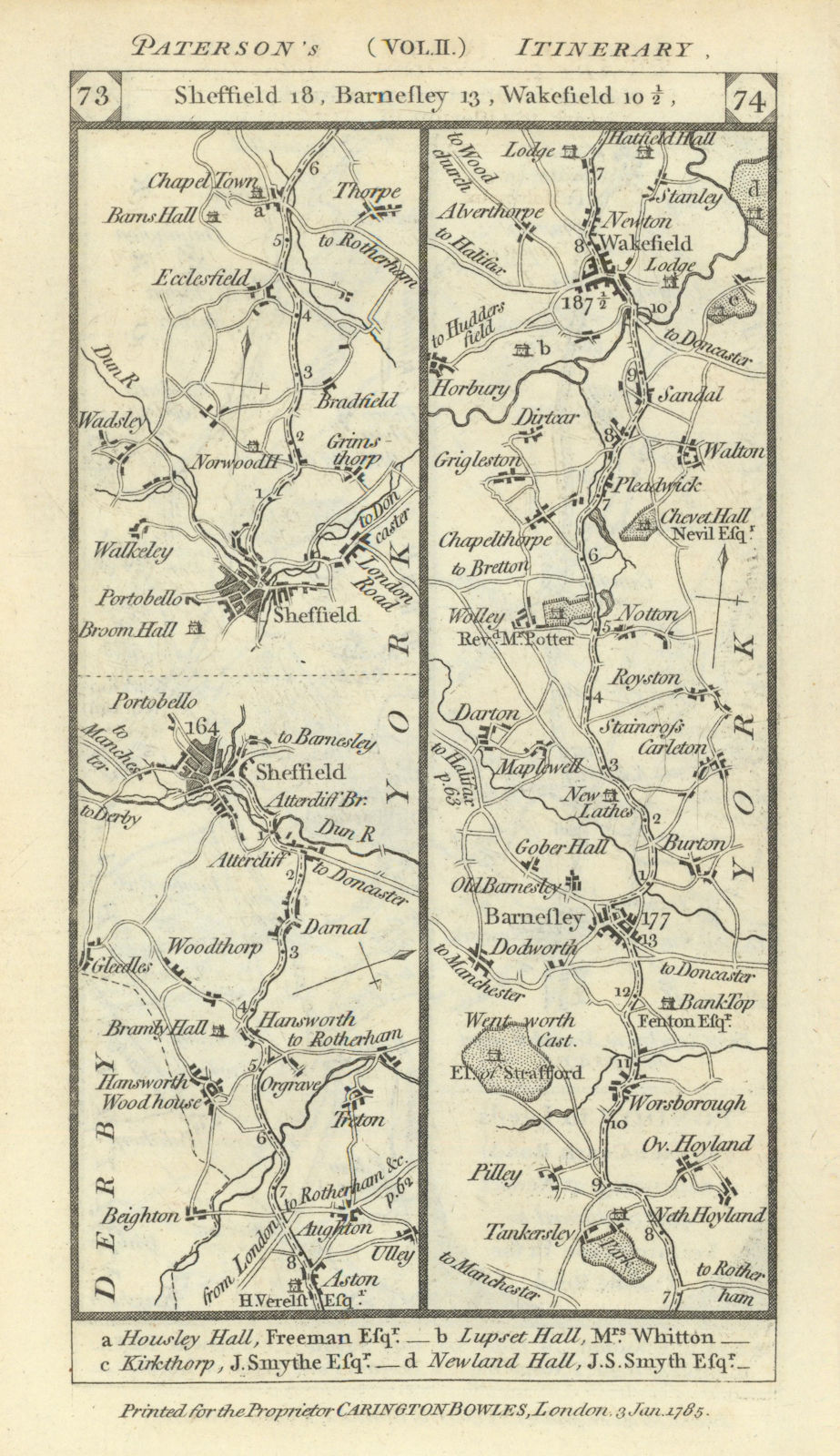 Sheffield - Ecclesfield - Barnsley - Wakefield road strip map PATERSON 1785