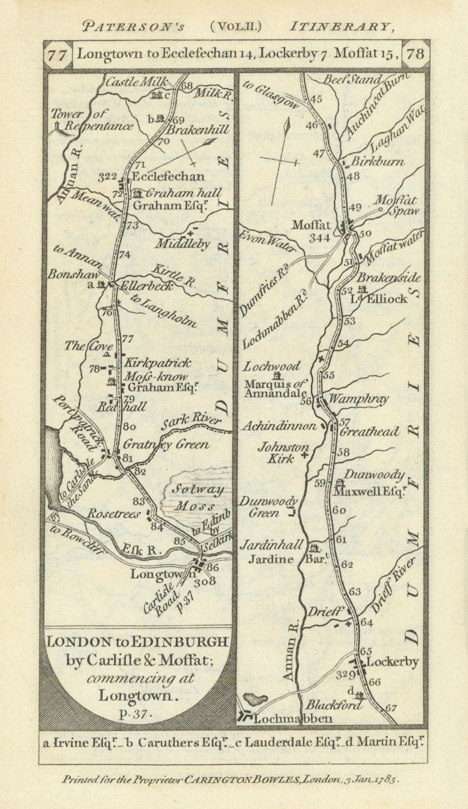 Associate Product Longtown - Gretna Green - Lockerbie - Moffat road strip map PATERSON 1785