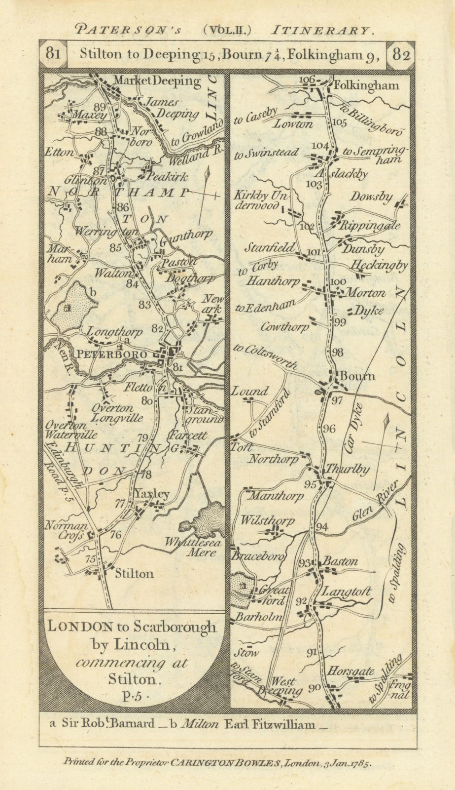 Yaxley-Peterborough-Thurlby-Morton-Folkingham road strip map PATERSON 1785