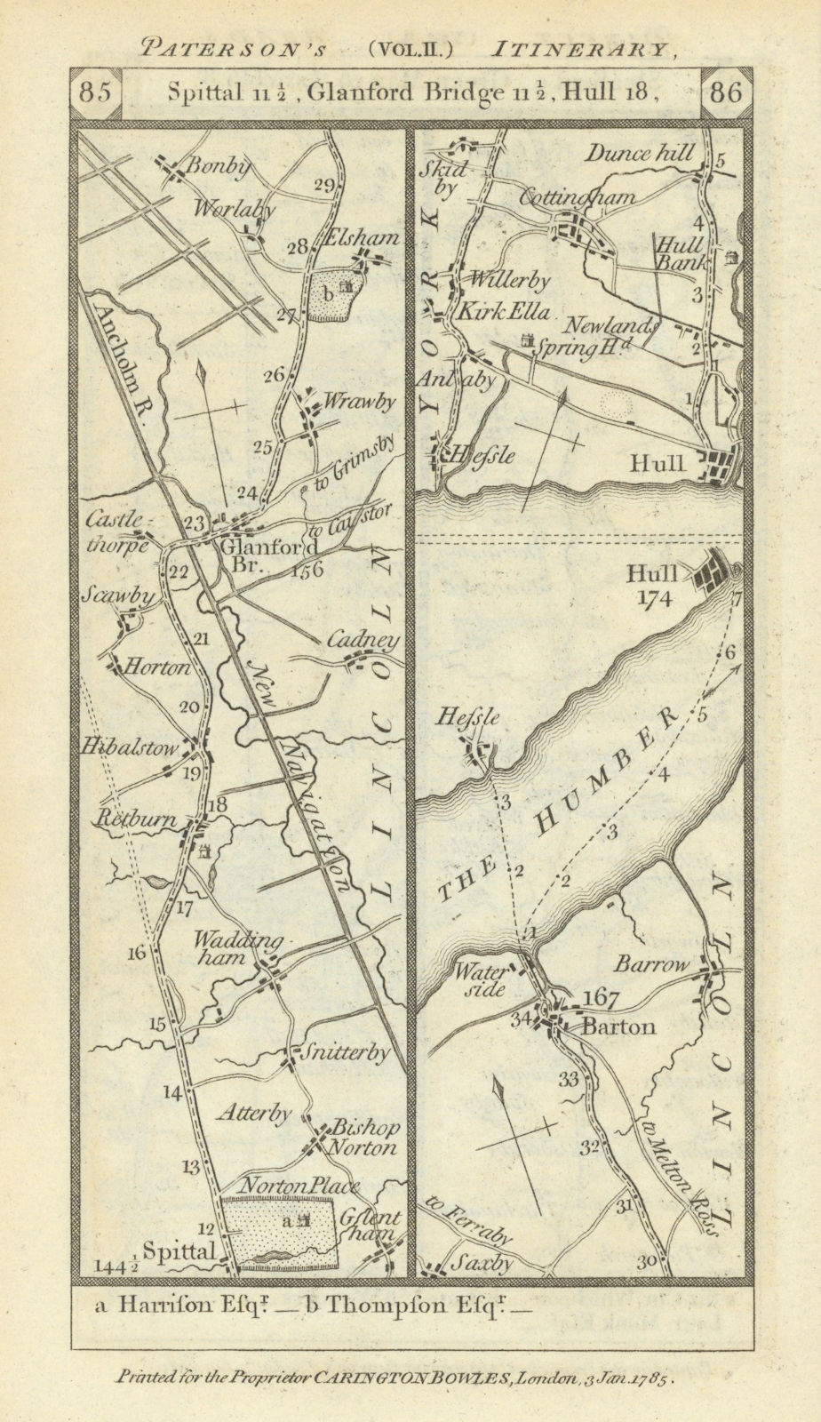 Glanford Bridge - Barton - Hull road strip map PATERSON 1785 old antique