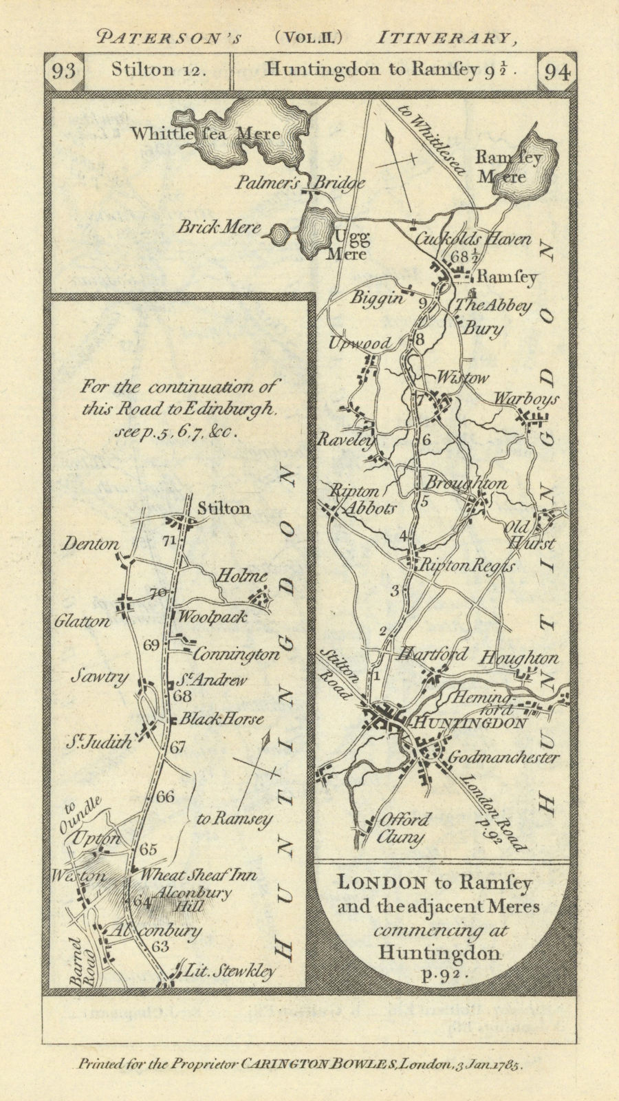 Stilton. Huntingdon - Ramsey - Whittelsey Mere road strip map PATERSON 1785