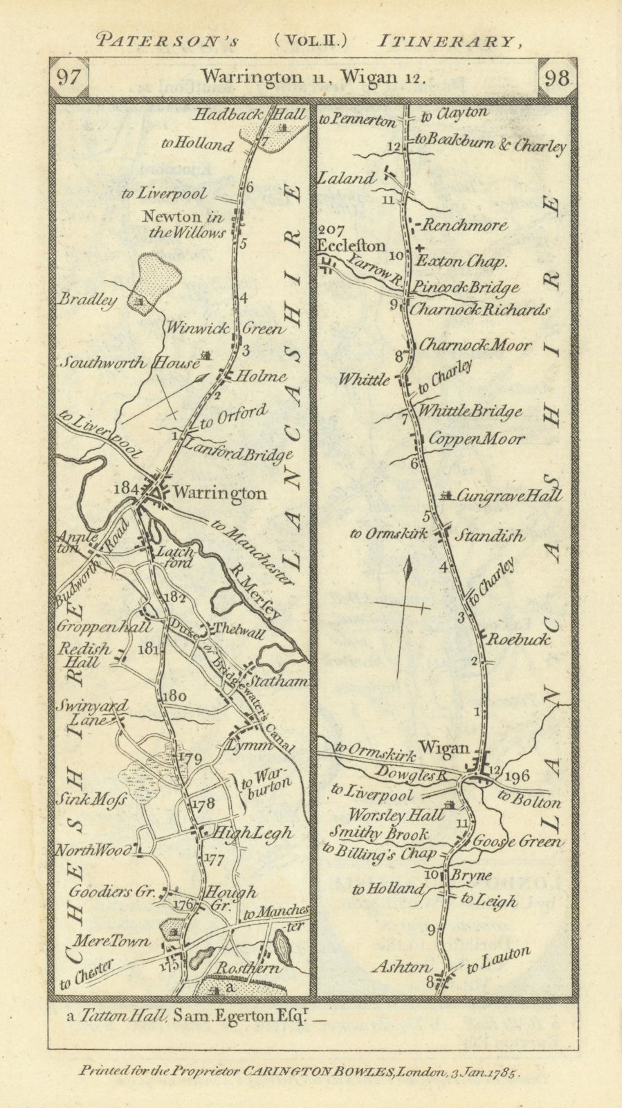 Warrington-Newton-le-Willows-Wigan-Chorley road strip map PATERSON 1785
