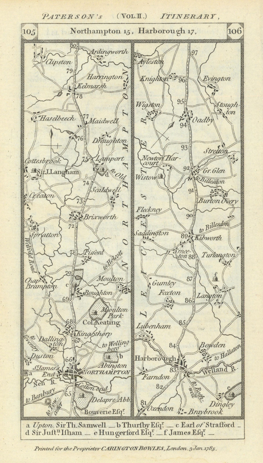 Northampton-Market Harborough-Kibworth-Oadby road strip map PATERSON 1785