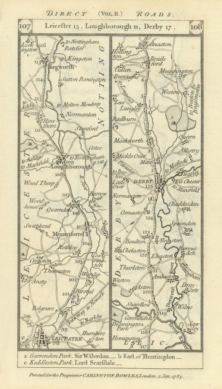 Leicester-Loughborough-Kegworth-Derby-Mackworth road strip map PATERSON 1785