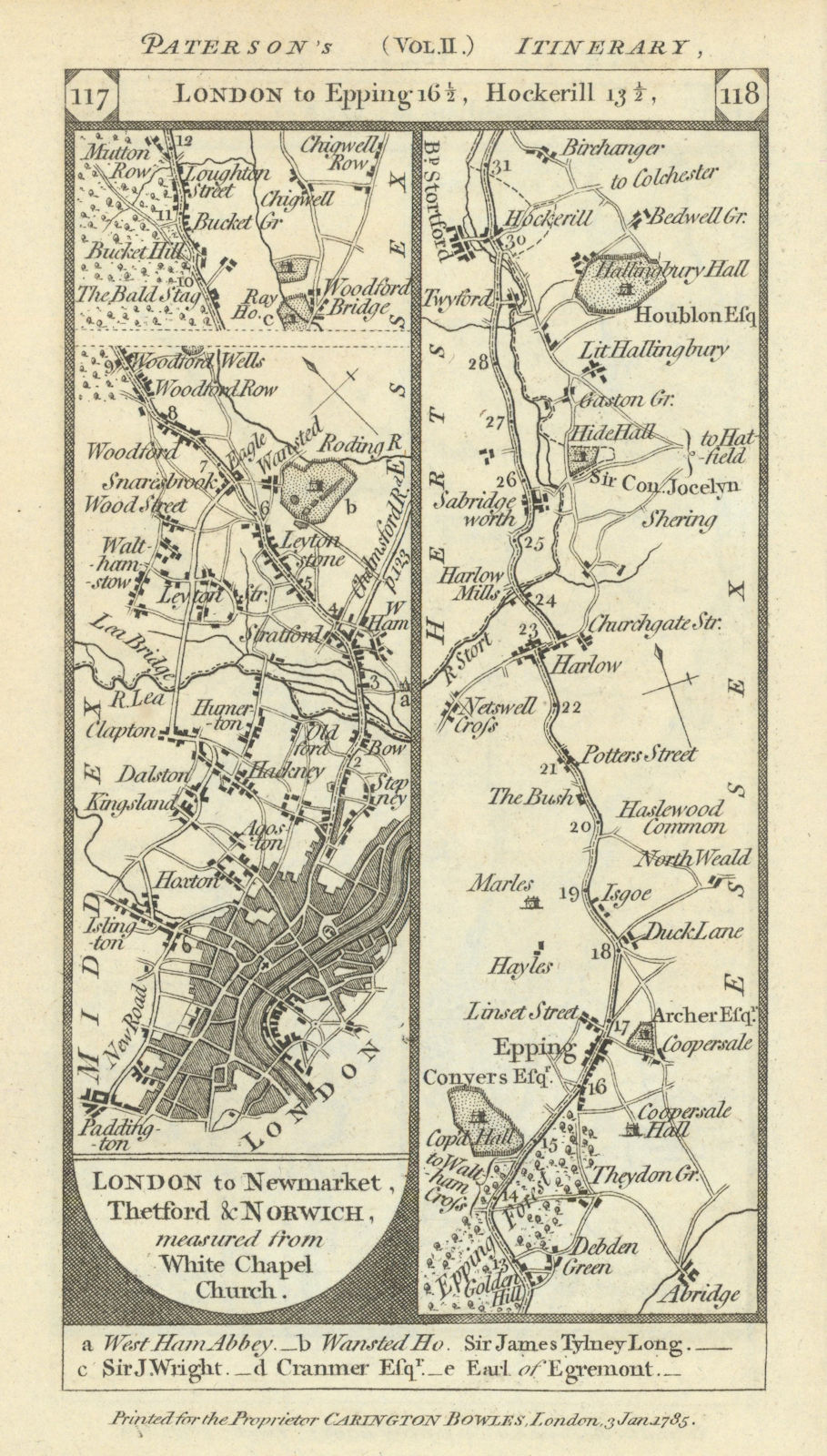Hackney-Epping-Harlow-Bishop's Stortford road strip map PATERSON 1785 old