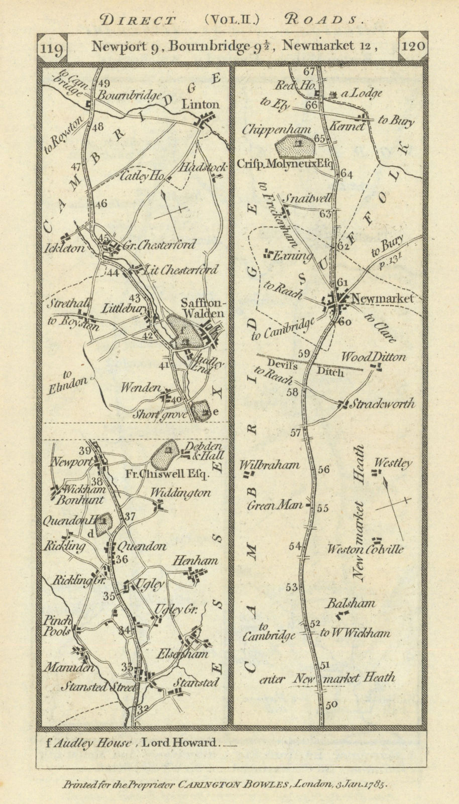 Stansted - Saffron Walden - Linton - Newmarket road strip map PATERSON 1785