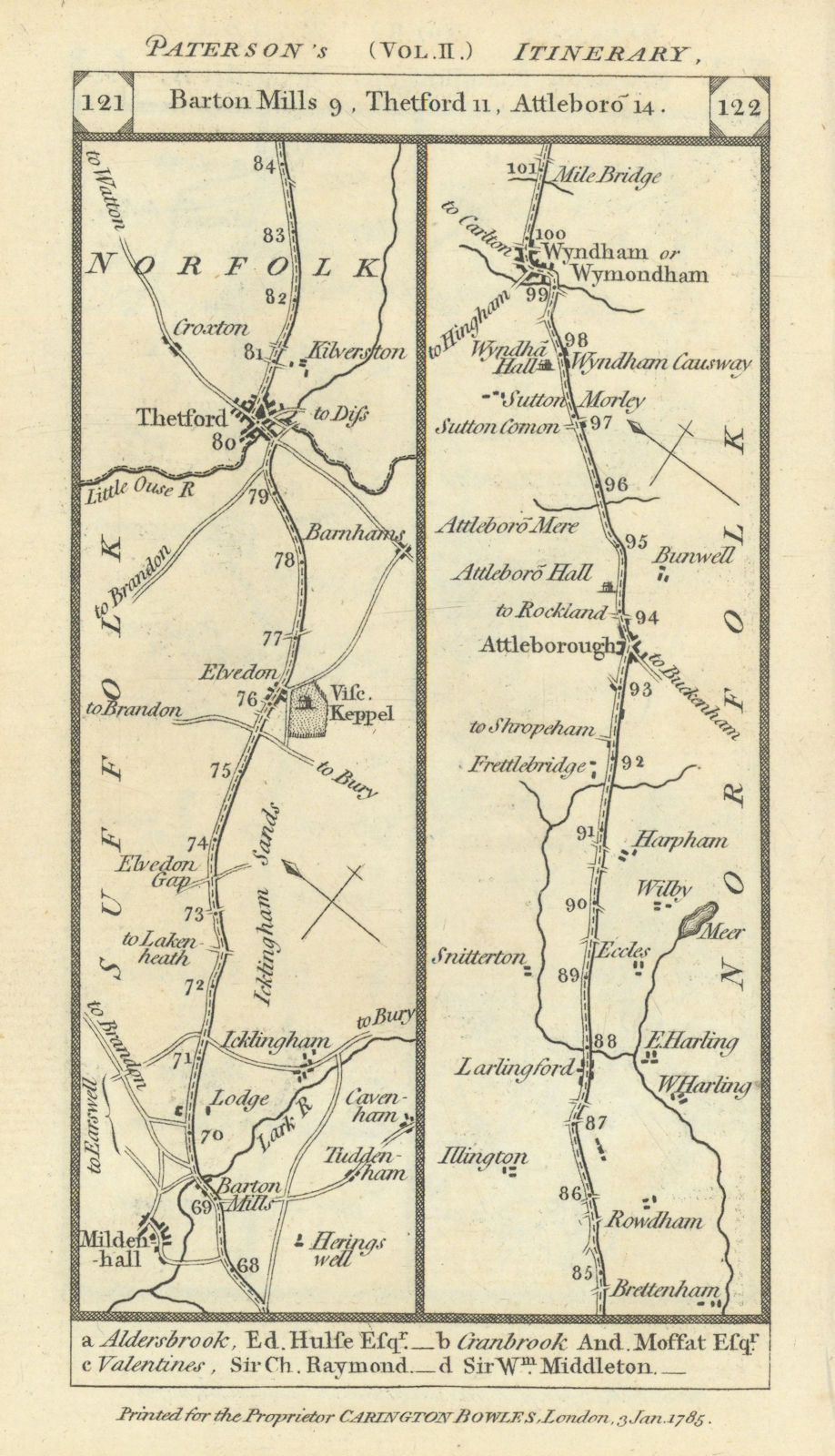 Mildenhall-Thetford-Attleborough-Wymondham road strip map PATERSON 1785