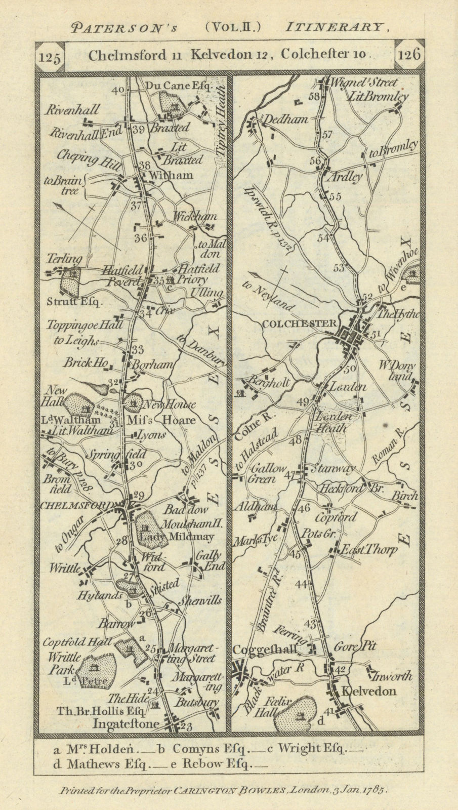 Ingatestone-Chelmsford-Colchester-Ardleigh road strip map PATERSON 1785