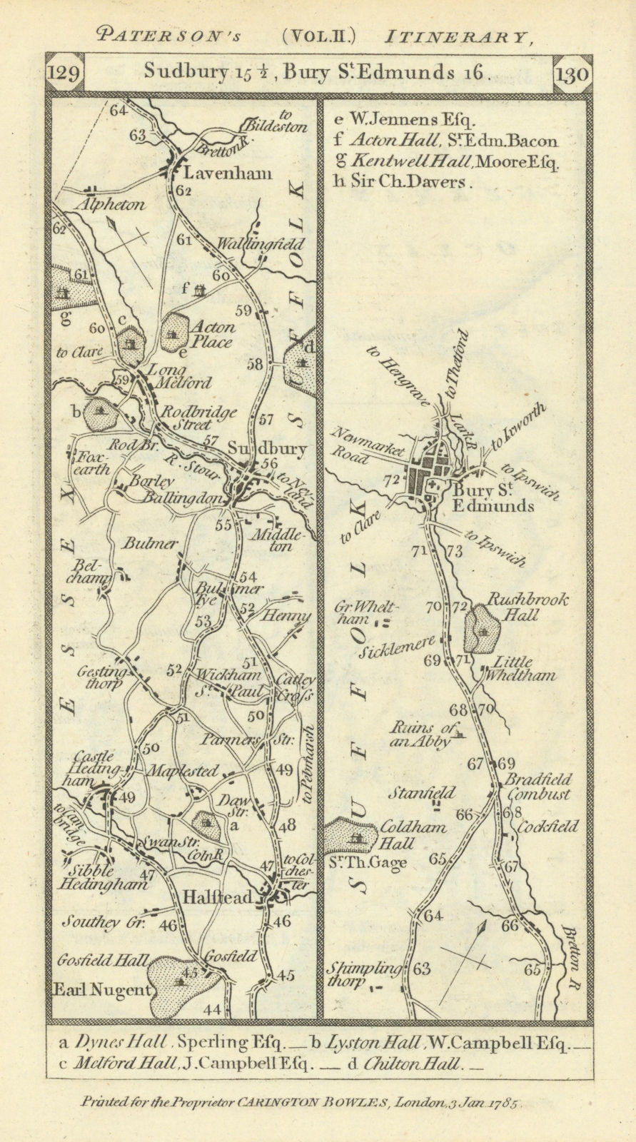 Halstead-Sudbury-Lavenham-Bury St. Edmunds road strip map PATERSON 1785