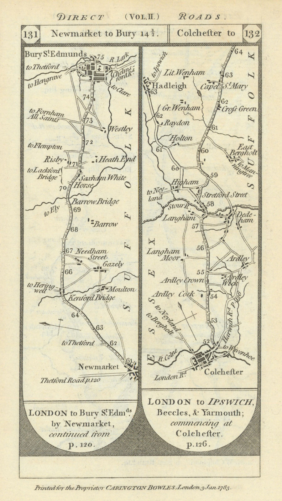 Newmarket-Bury St. Edmunds. Colchester-Bergholt road strip map PATERSON 1785