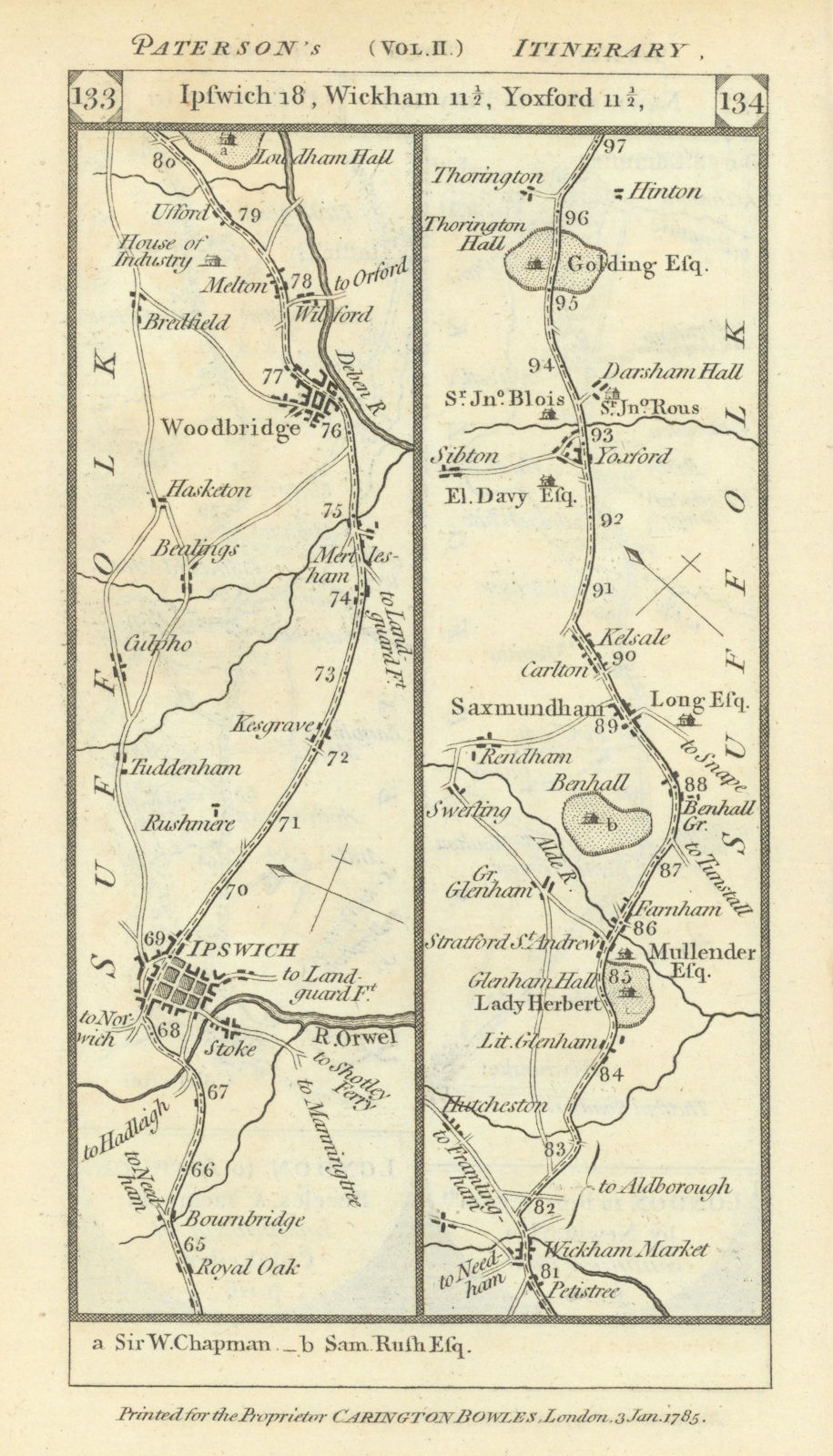 Associate Product Ipswich-Woodbridge-Wickham Market-Saxmundham road strip map PATERSON 1785