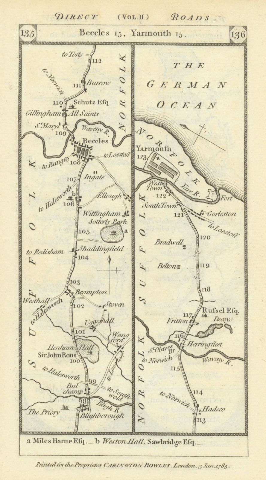 Blythburgh-Wangford-Lowestoft-Great Yarmouth road strip map PATERSON 1785