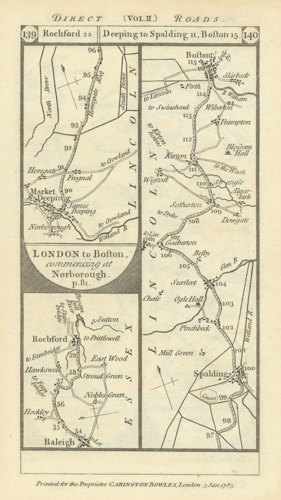 Associate Product Rayleigh-Rochford. Market Deeping-Boston road strip map PATERSON 1785 old