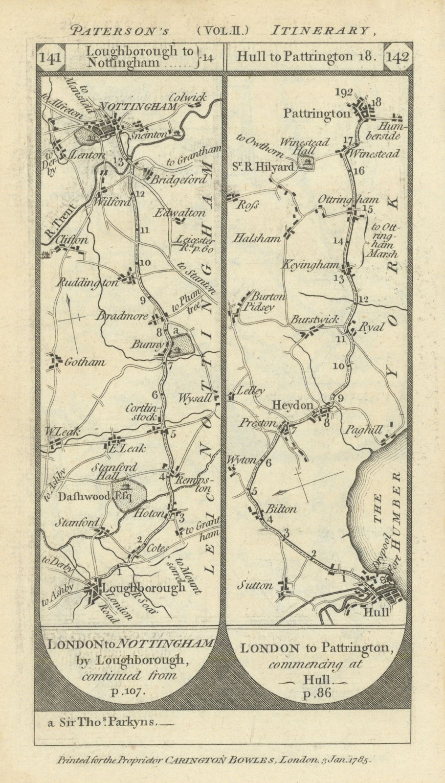 Loughborough-Nottingham. Hull-Patrington road strip map PATERSON 1785 old