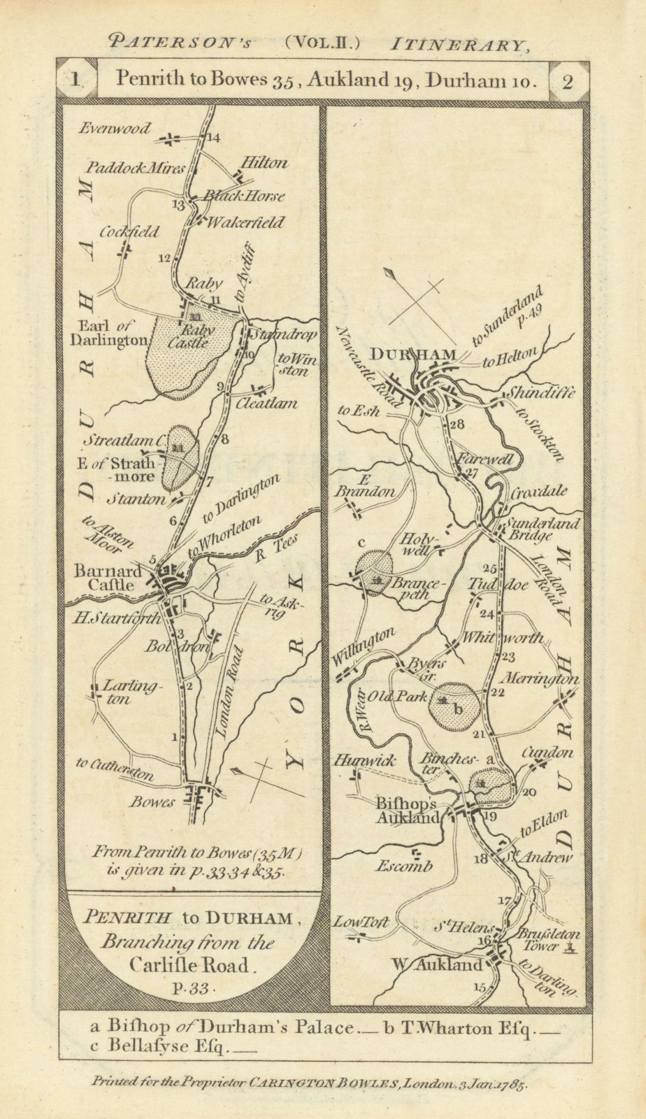 Bowes-Barnard Castle-Bishop Auckland-Durham road strip map PATERSON 1785