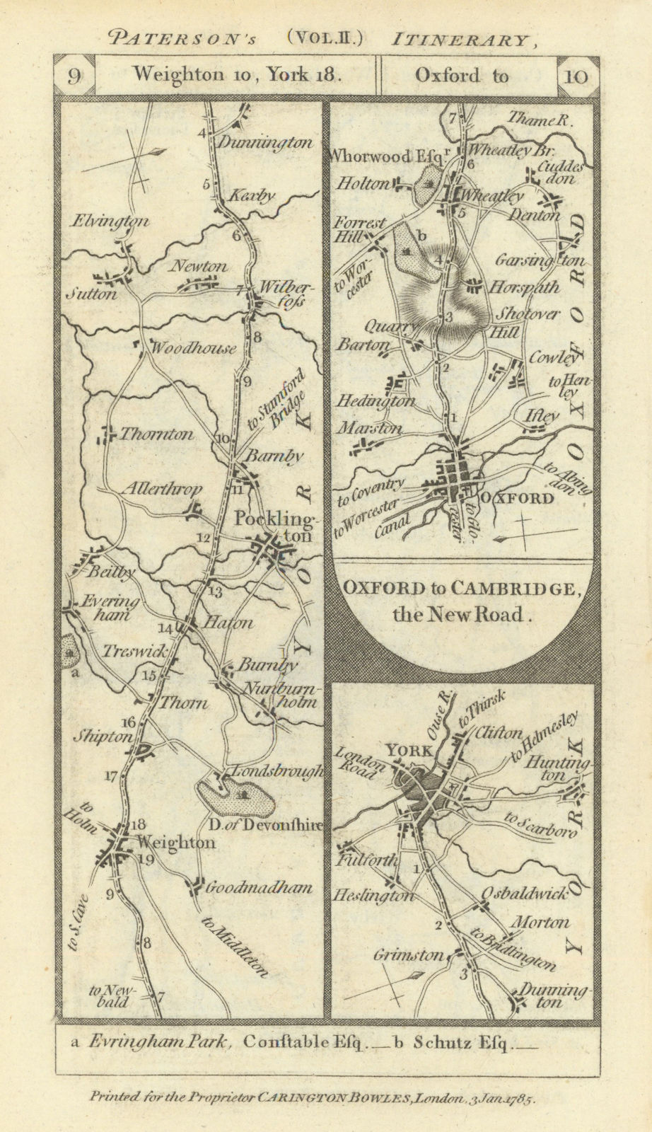 Mkt Weighton-Pocklington-York. Oxford-Wheatley road strip map PATERSON 1785