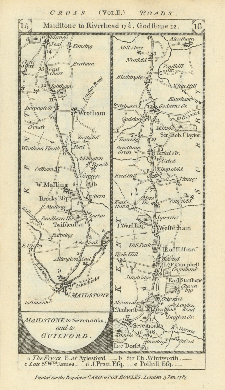 Maidstone-Wrotham-Sevenoaks-Godstone-Meestham road strip map PATERSON 1785