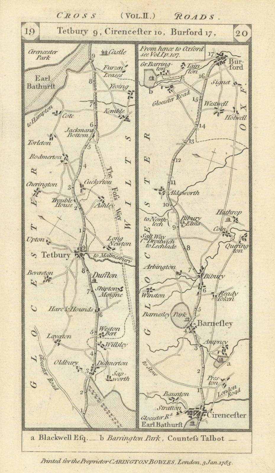Tetbury-Cirencester-Barnsley-Bibury-Burford road strip map PATERSON 1785