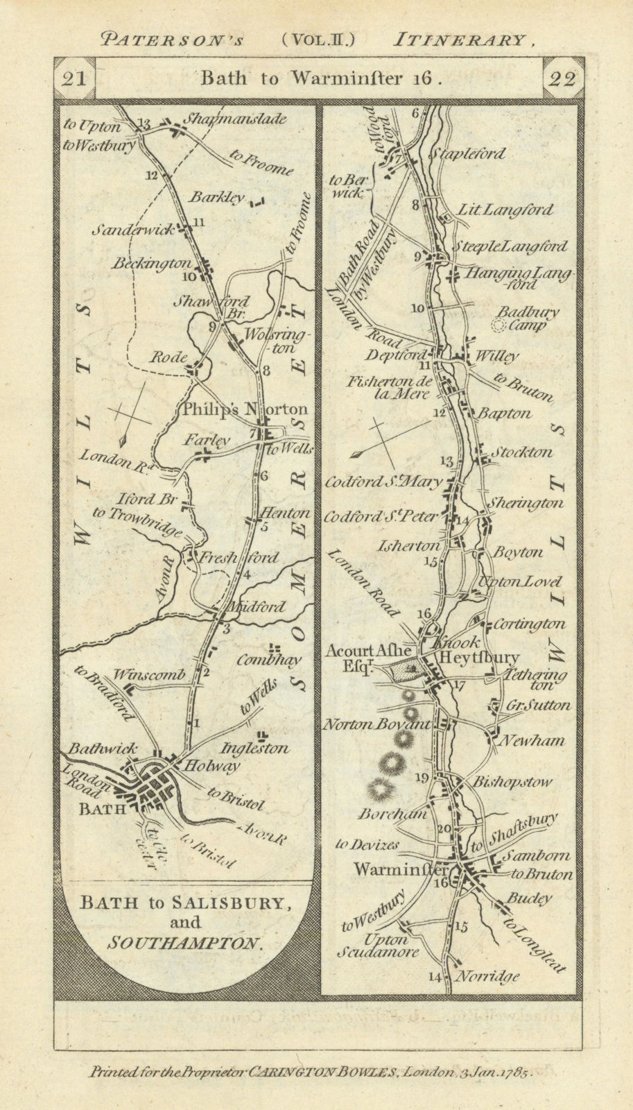 Bath-Philip's Norton-Warminster-Stapleford road strip map PATERSON 1785