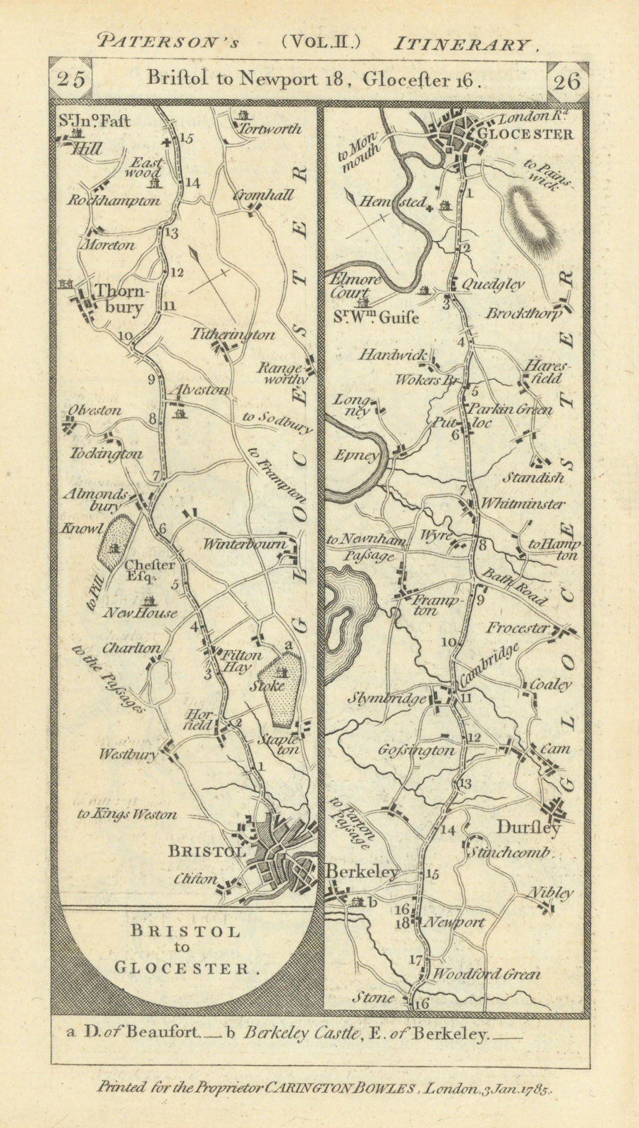 Bristol-Dursley-Whitminster-Gloucester road strip map PATERSON 1785 old