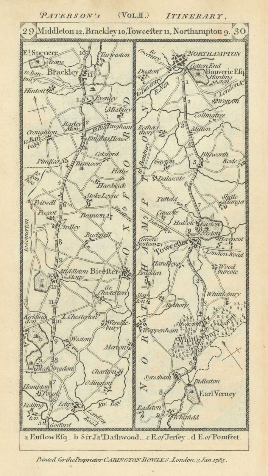 Bicester - Brackley - Towcester - Northampton road strip map PATERSON 1785