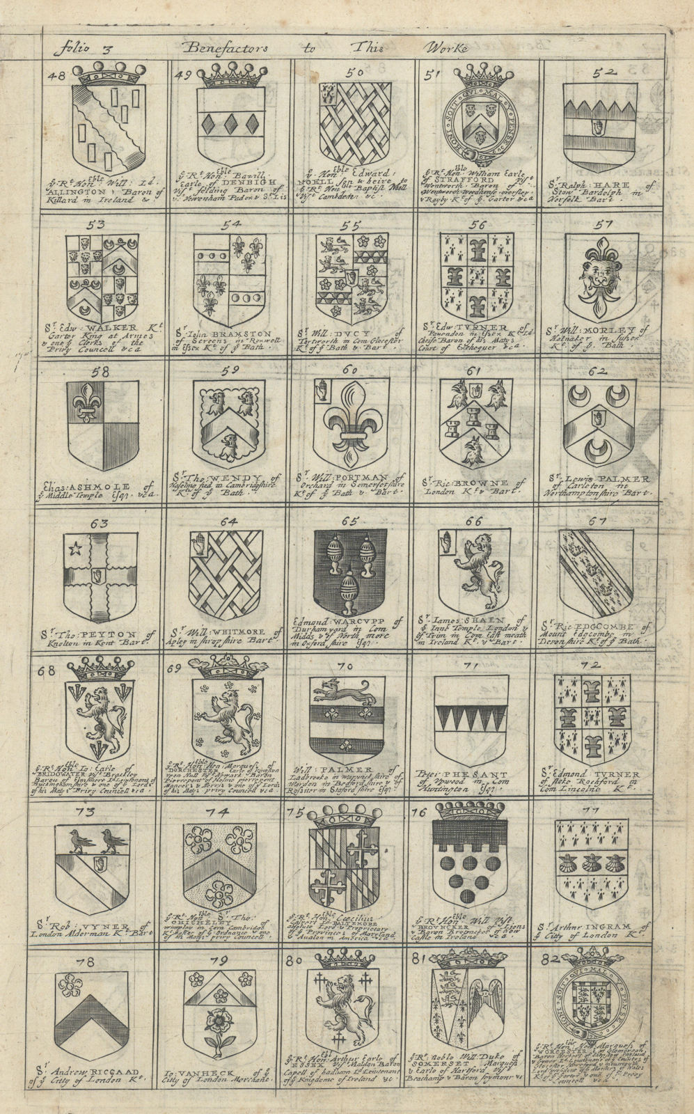 Family coats of arms of benefactors to Blome's Britannia. Folio 3 #48-82 1673