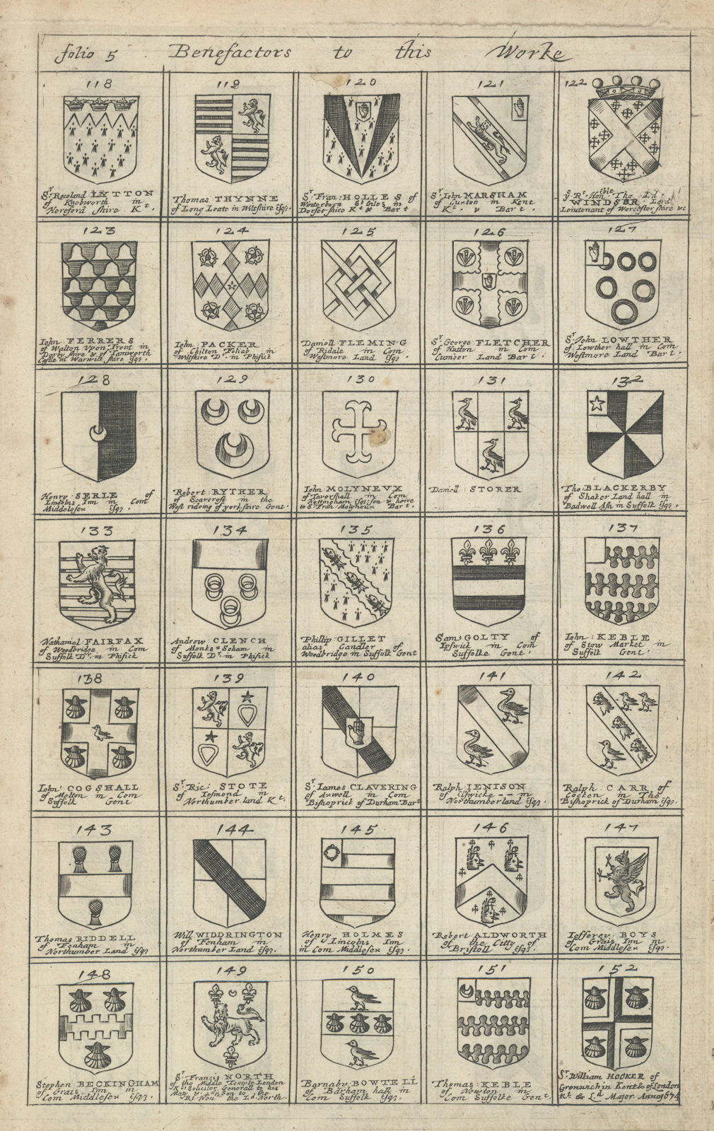 Family coats of arms of benefactors to Blome's Britannia. Folio 5 #118-152 1673
