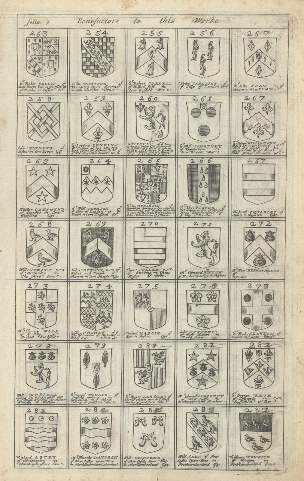 Family coats of arms of benefactors to Blome's Britannia. Folio 9 #253-287 1673