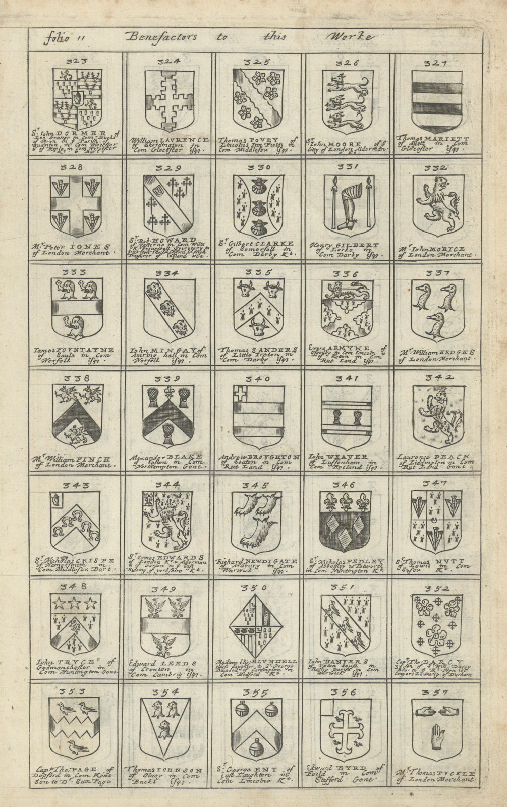 Family coats of arms of benefactors to Blome's Britannia. Folio 11 #323-357 1673