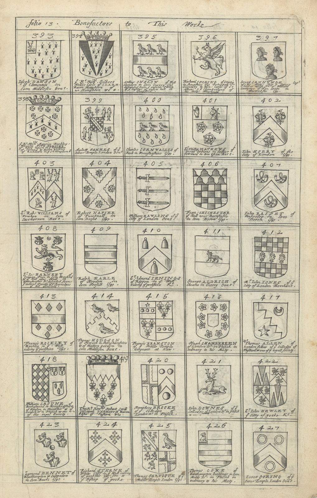 Family coats of arms of benefactors to Blome's Britannia. Folio 13 #393-427 1673