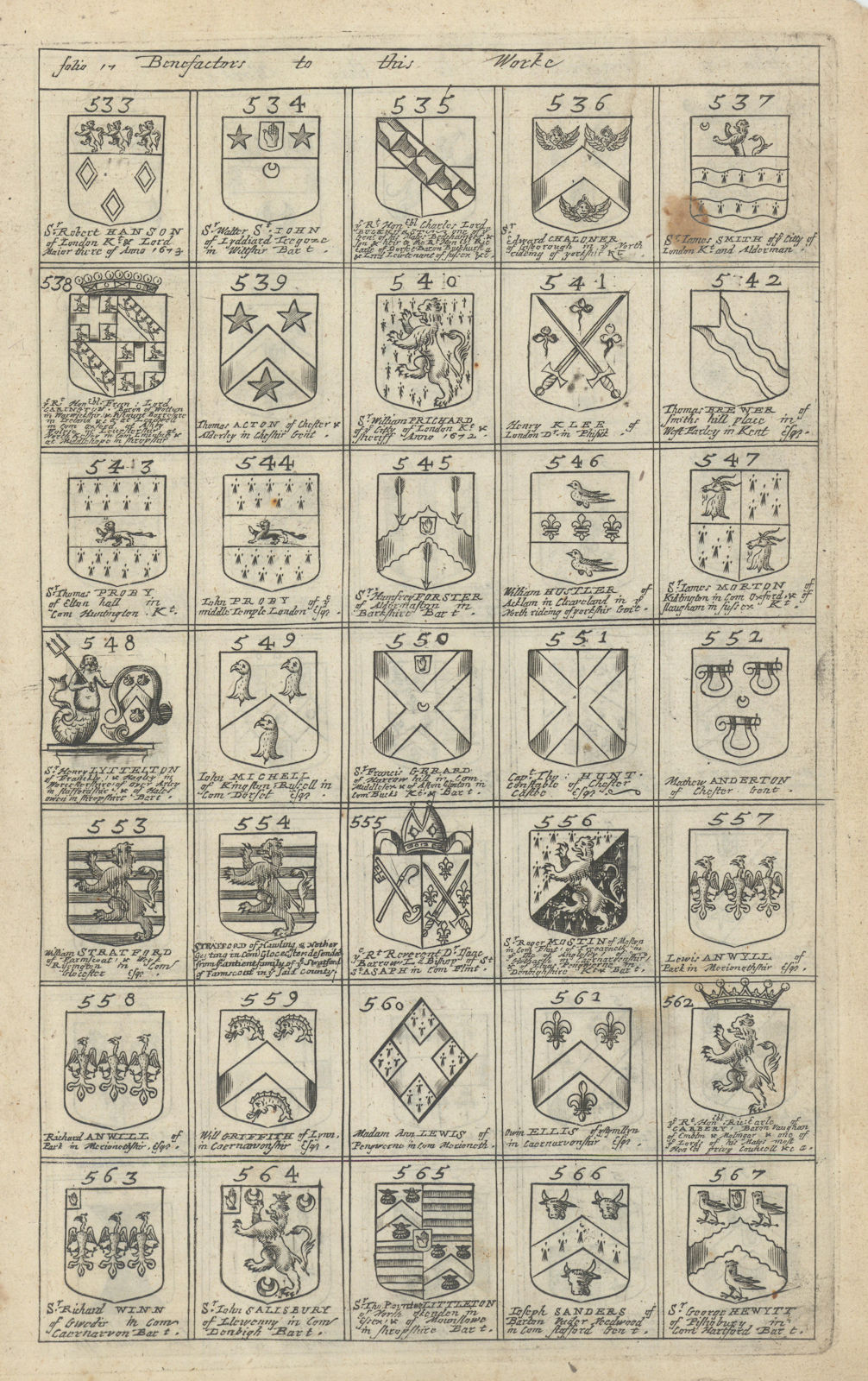 Family coats of arms of benefactors to Blome's Britannia. Folio 17 #533-567 1673