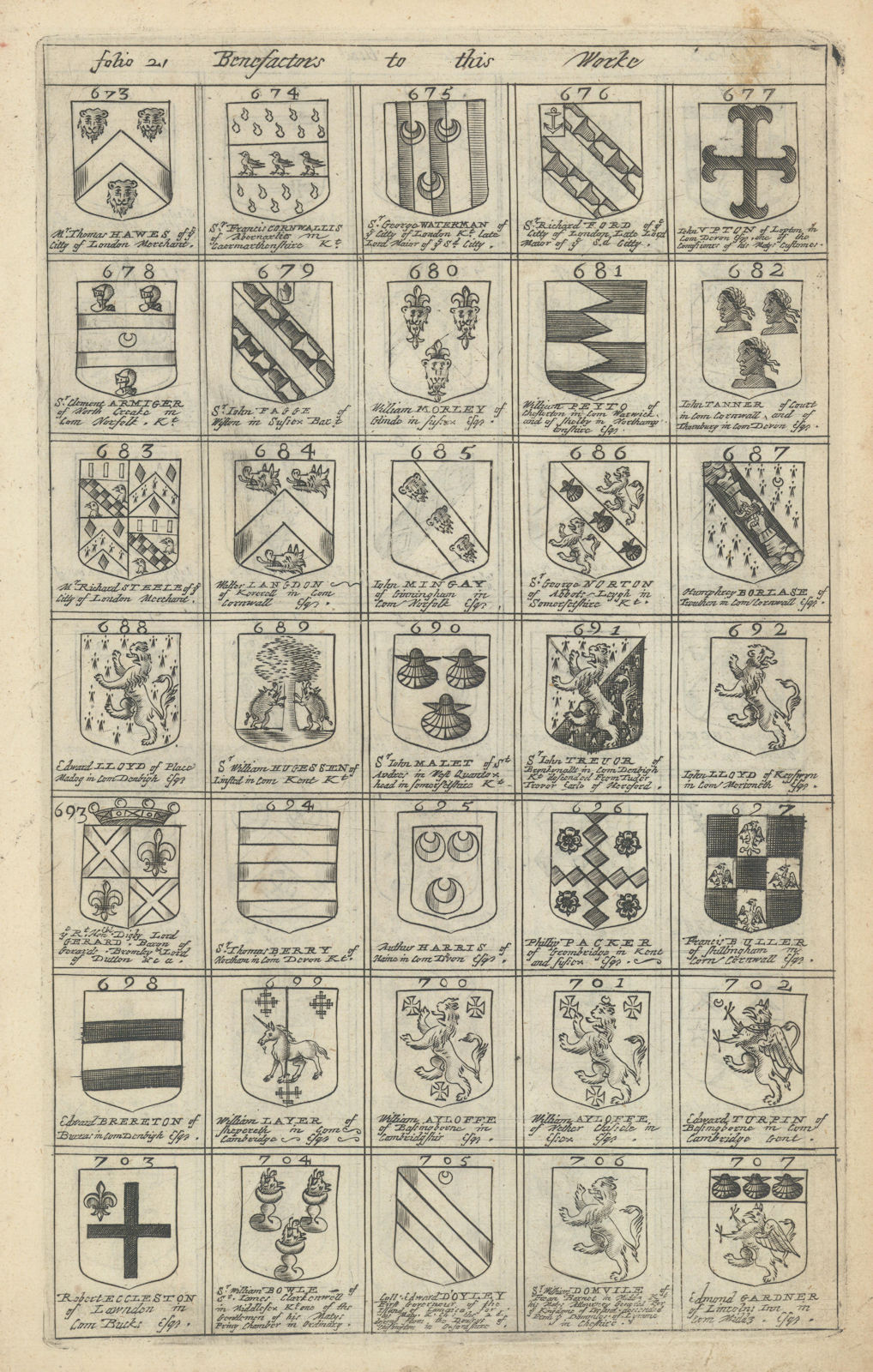 Family coats of arms of benefactors to Blome's Britannia. Folio 21 #673-707 1673