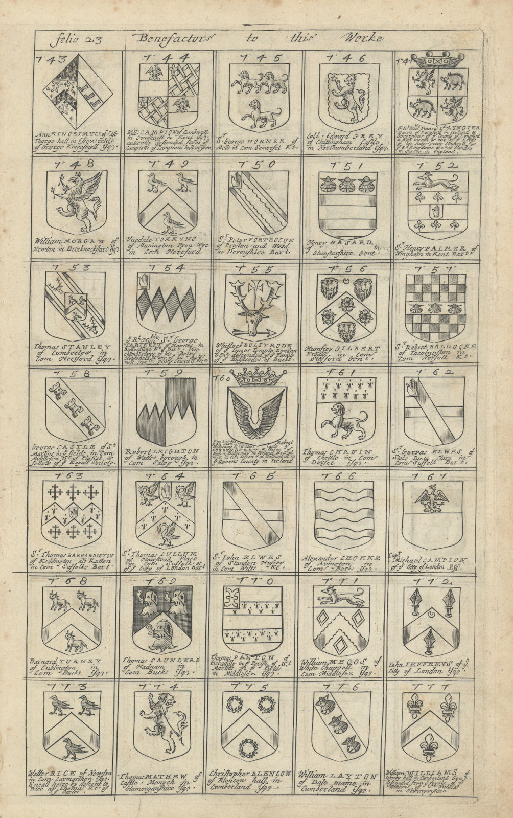 Family coats of arms of benefactors to Blome's Britannia. Folio 23 #743-777 1673