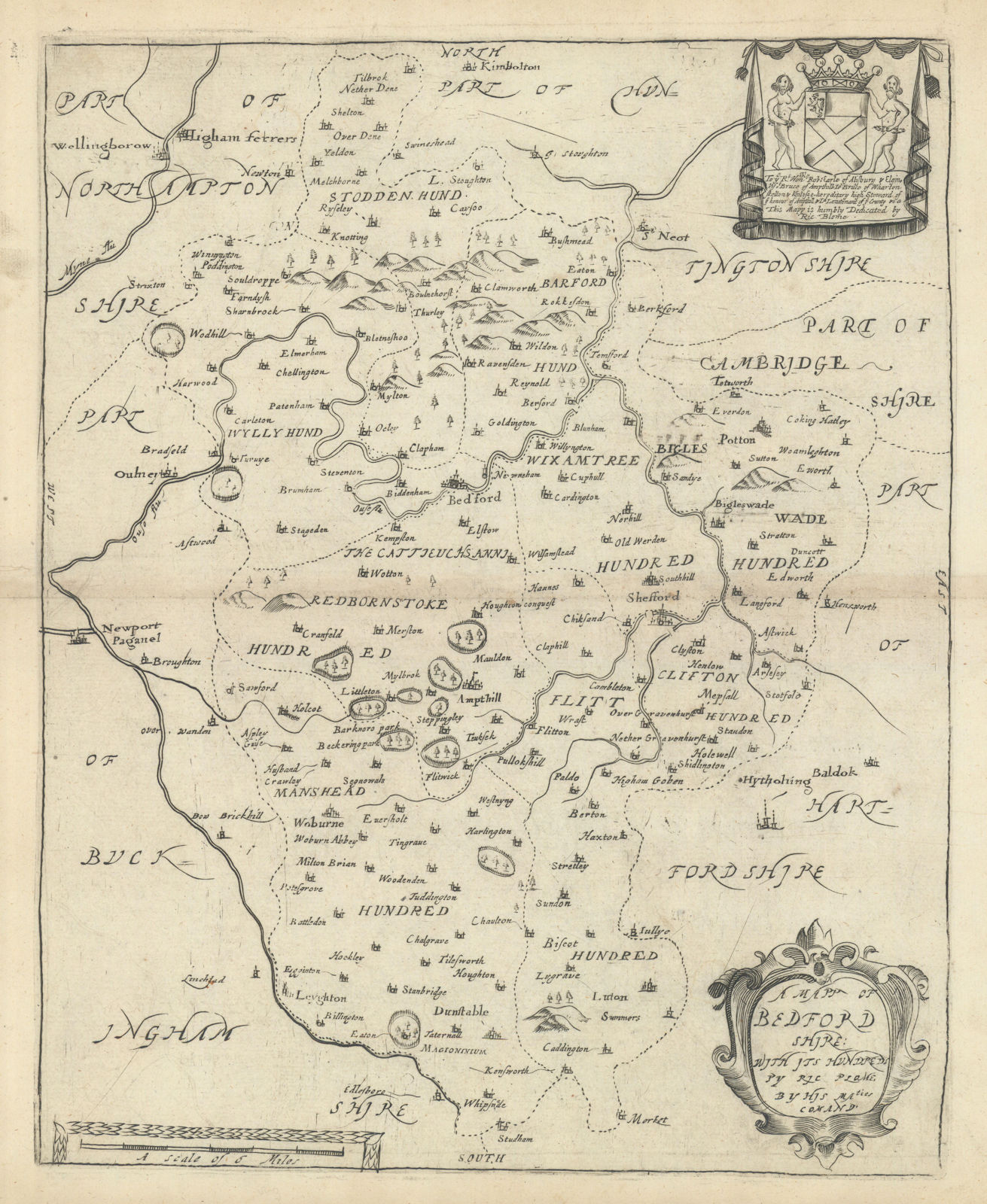 A Mapp of Bedford Shire: with its hundreds by Richard Blome 1673 old