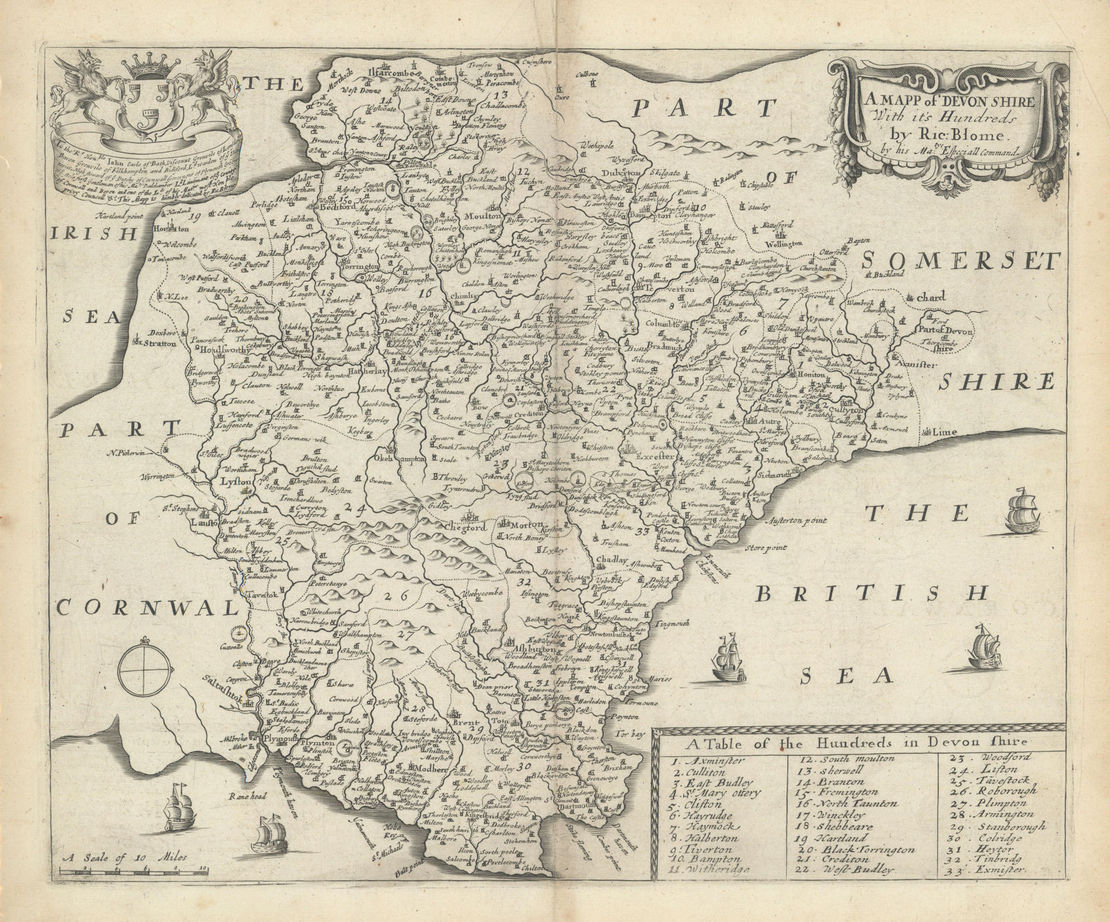 A Mapp of Devon Shire with its Hundreds by Richard Blome 1673 old antique