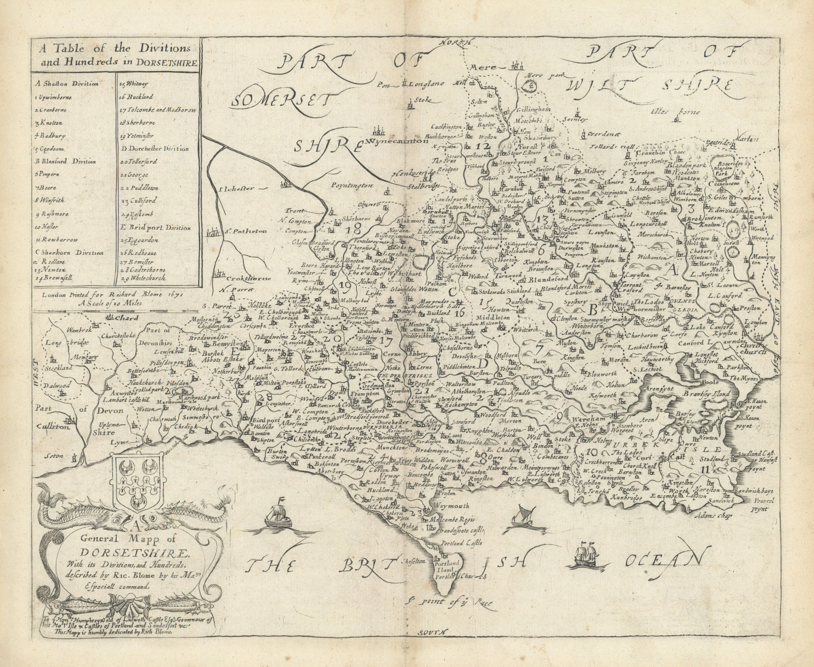 A General Map of Dorsetshire, with its Divitions… by Richard Blome 1673