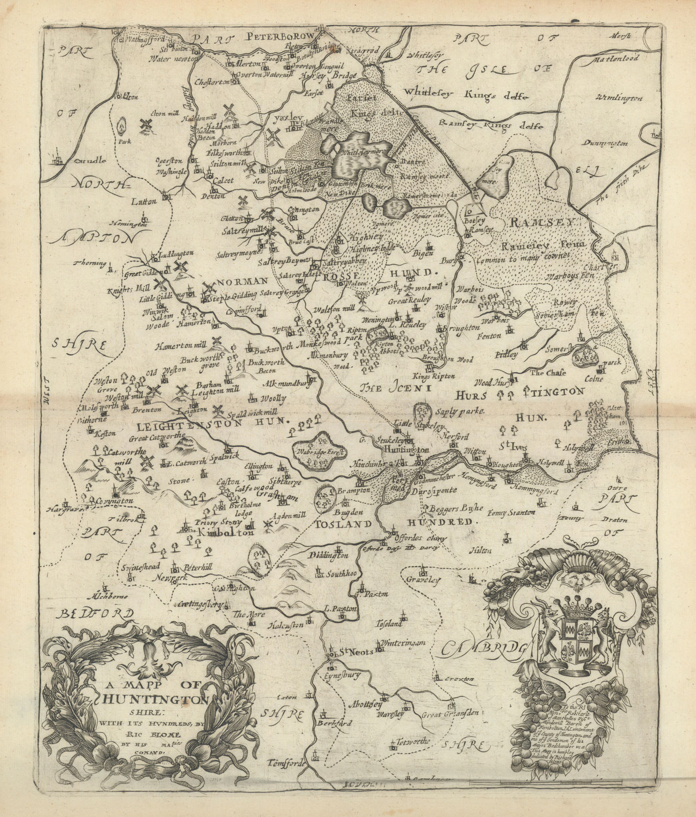 A Mapp of Huntington Shire with its Hundreds by Richard Blome 1673 old
