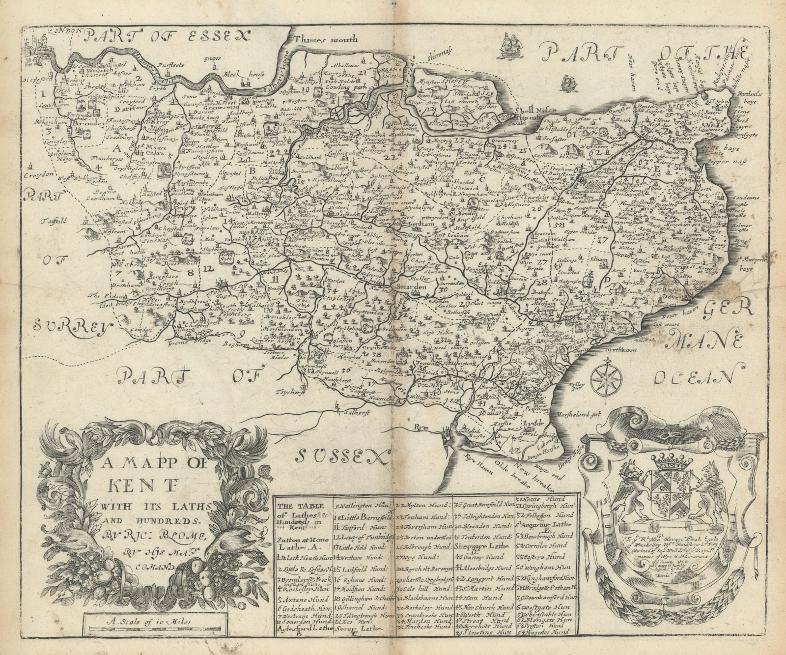 A Mapp of Kent With its Laths and Hundreds by Richard Blome 1673 old