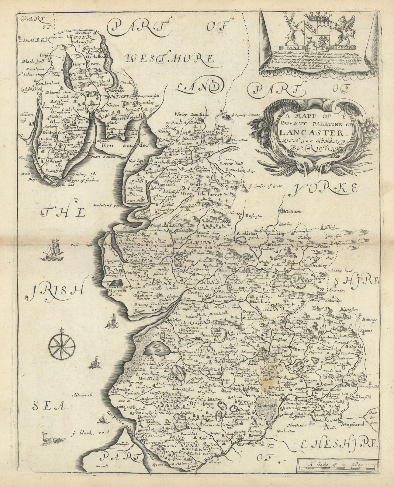 A Mapp of ye County Palatine of Lancaster by Richard Blome 1673 old