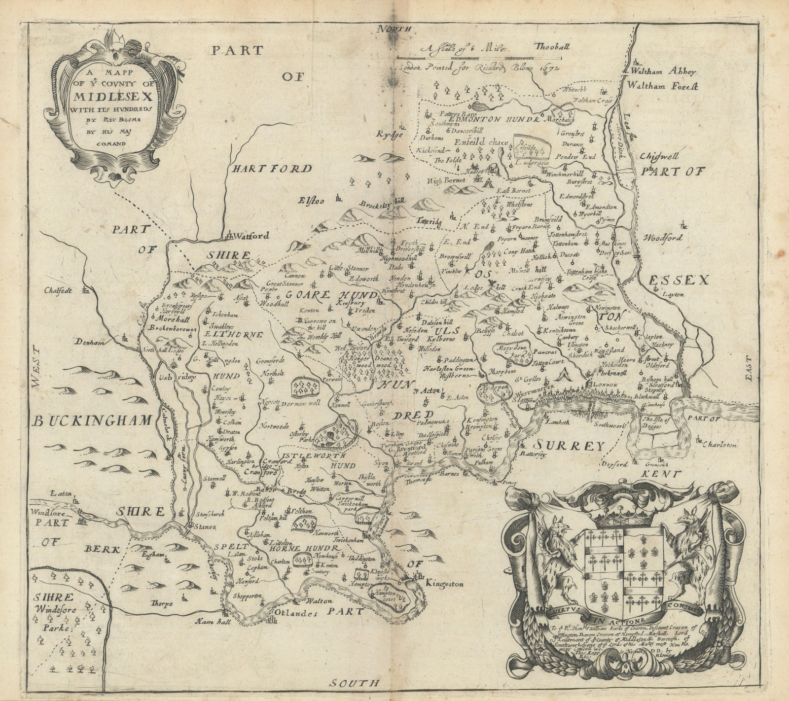 A Mapp of ye County of Midlesex with its Hundreds by Richard Blome 1673