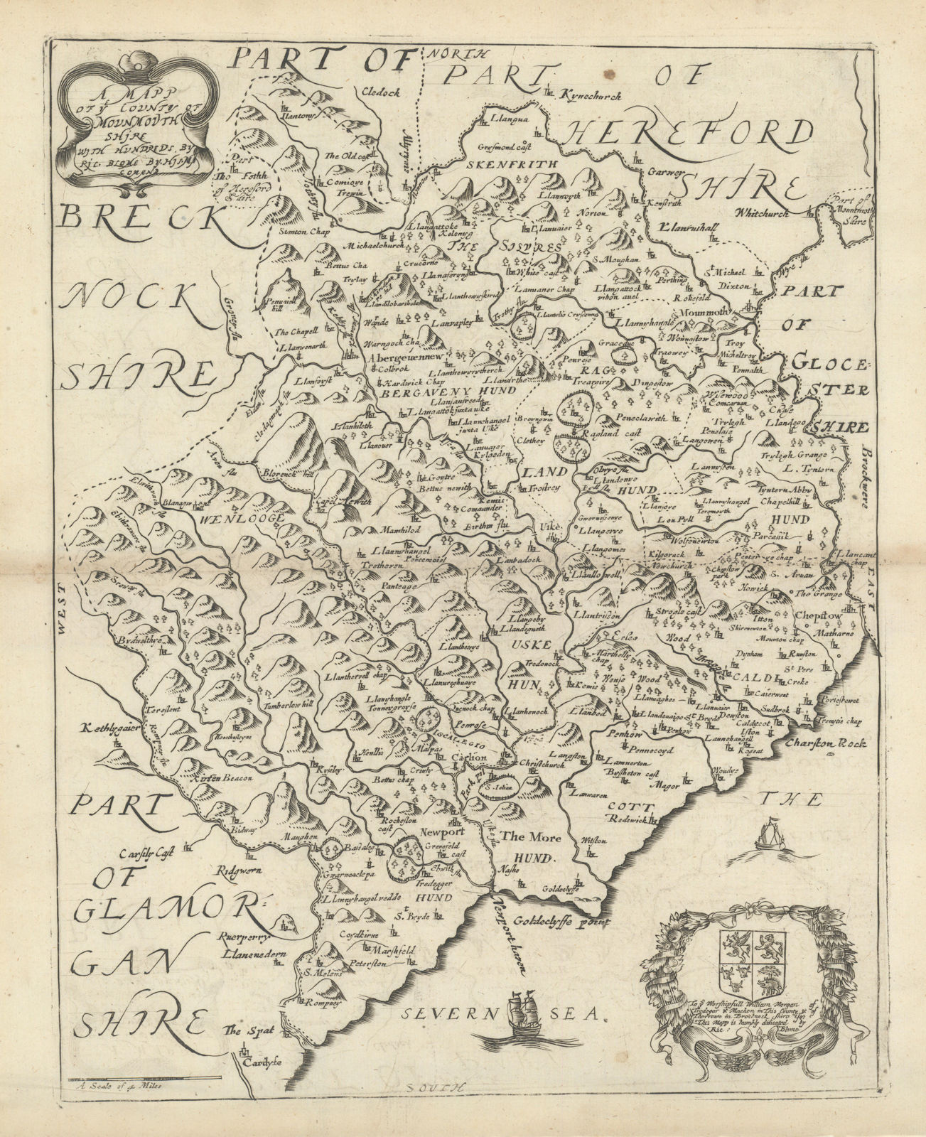A Mapp of ye County of Mounmouth Shire with Hundreds by Richard Blome 1673