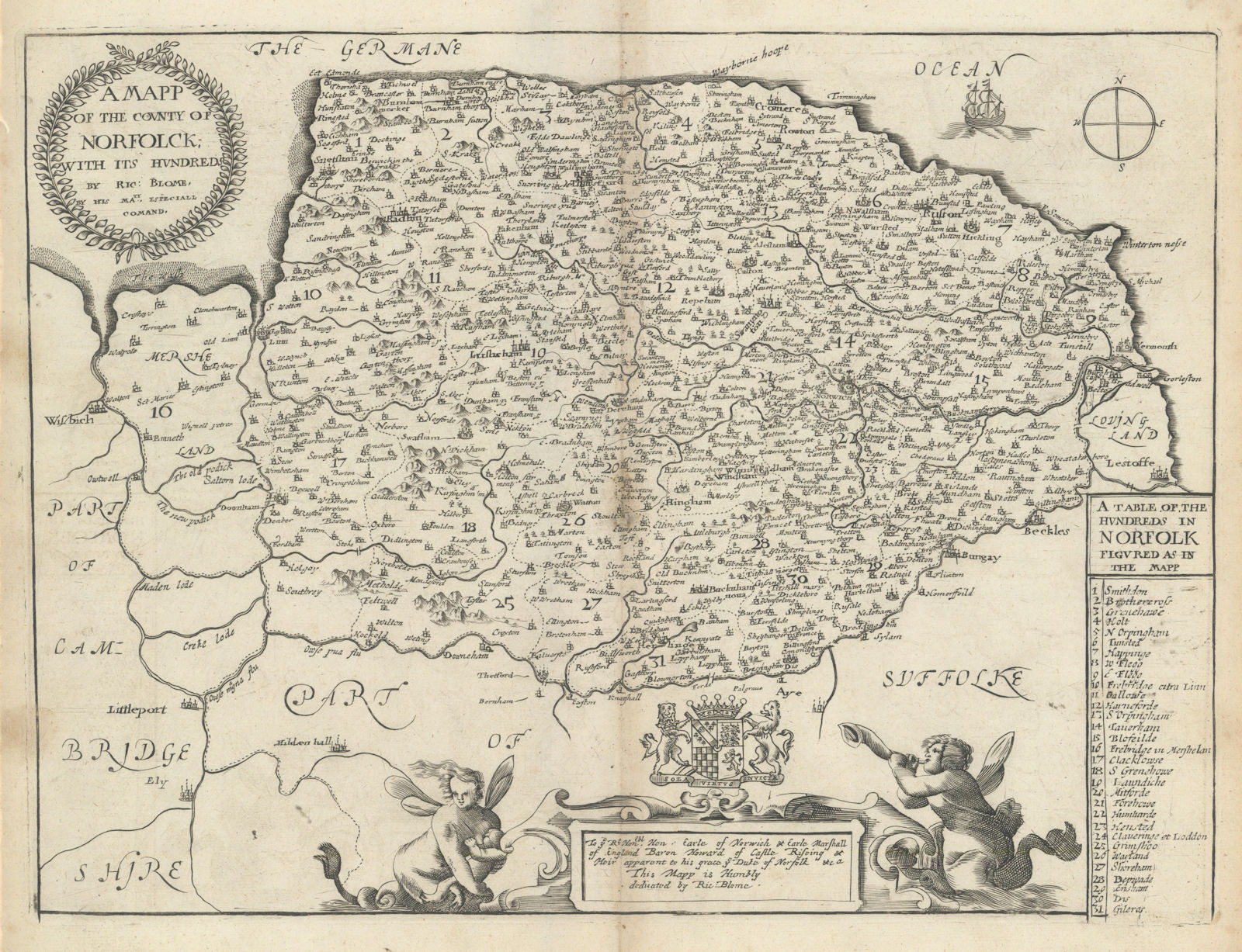A Mapp of the County of Norfolck with its hundreds by Richard Blome 1673