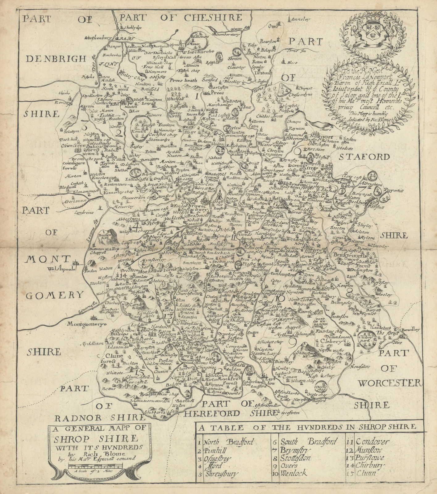A General Mapp of Shrop Shire with its Hundreds by Richard Blome 1673 old