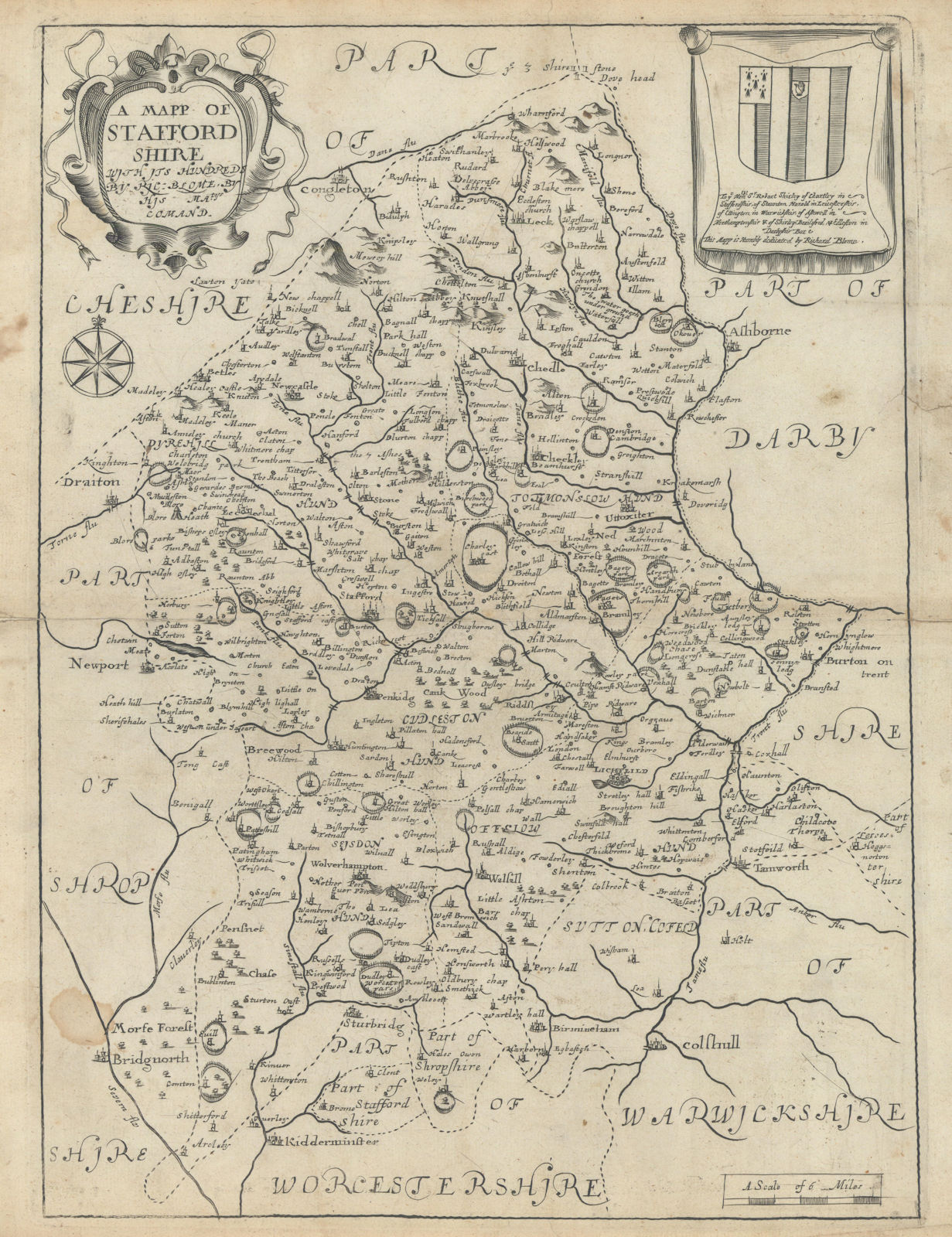 A Mapp of Stafford Shire with its Hundreds by Richard Blome 1673 old
