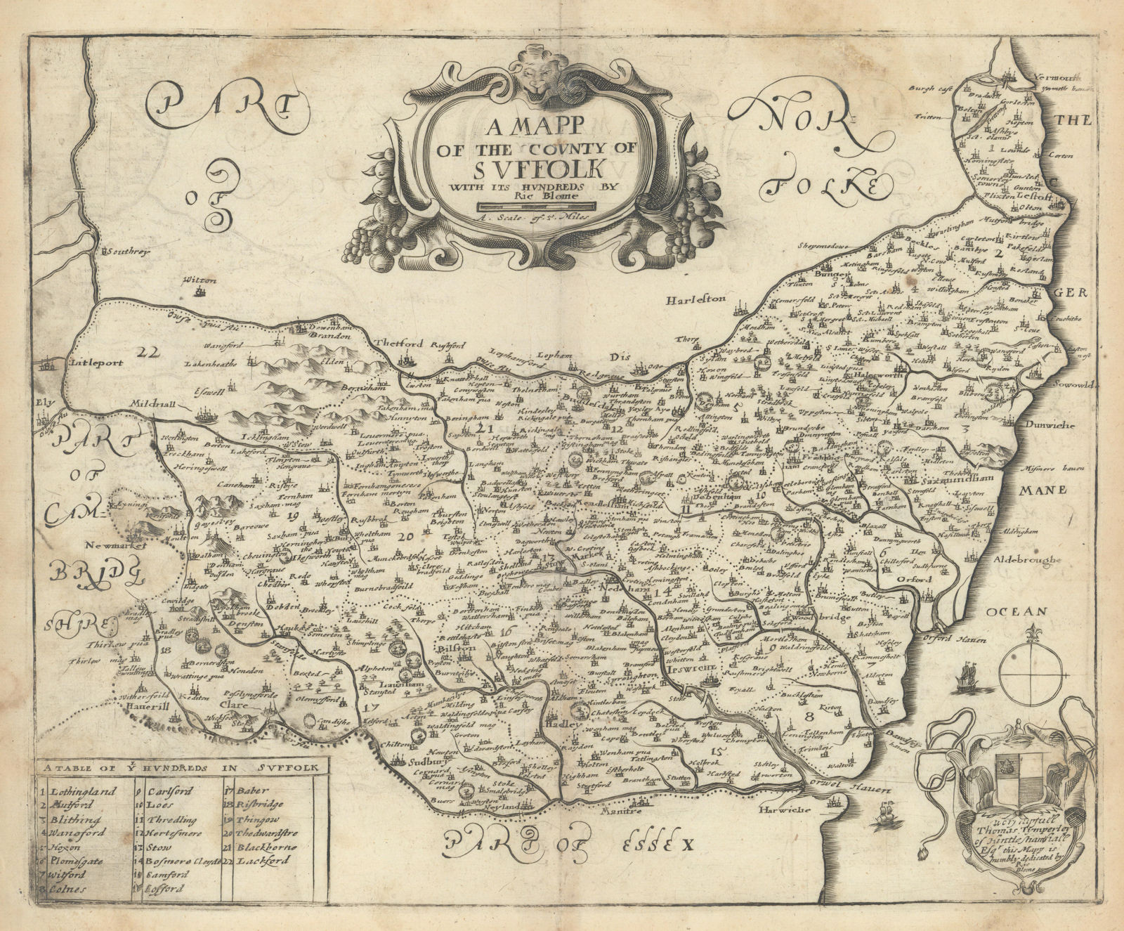 A mapp of the County of Suffolk with its Hundreds by Richard Blome 1673